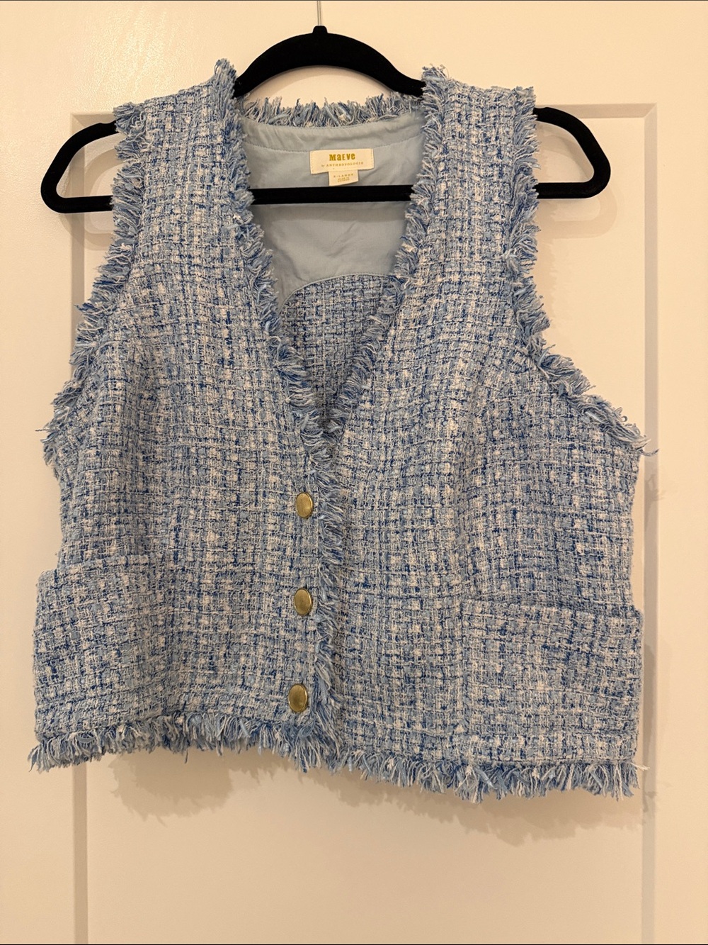 Anthropologie Light Blue Tweed Fringe Vest with Brass Buttons